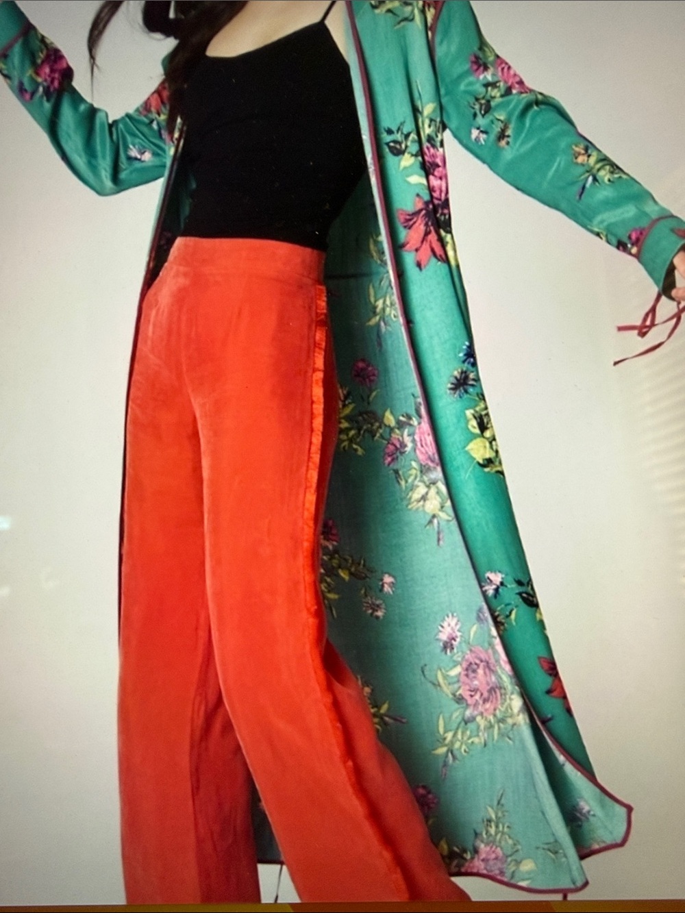 Free People Maxi Green Floral Duster Kimono with Pink Accents Sz. L - Picture 9 of 11